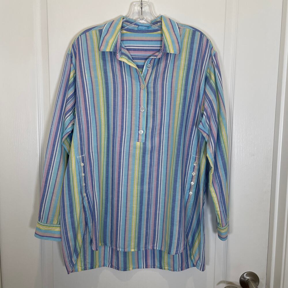 J. McLaughlin Fallon Tunic Blouse Candy Striped Linen Cotton‎ Blue Pink L